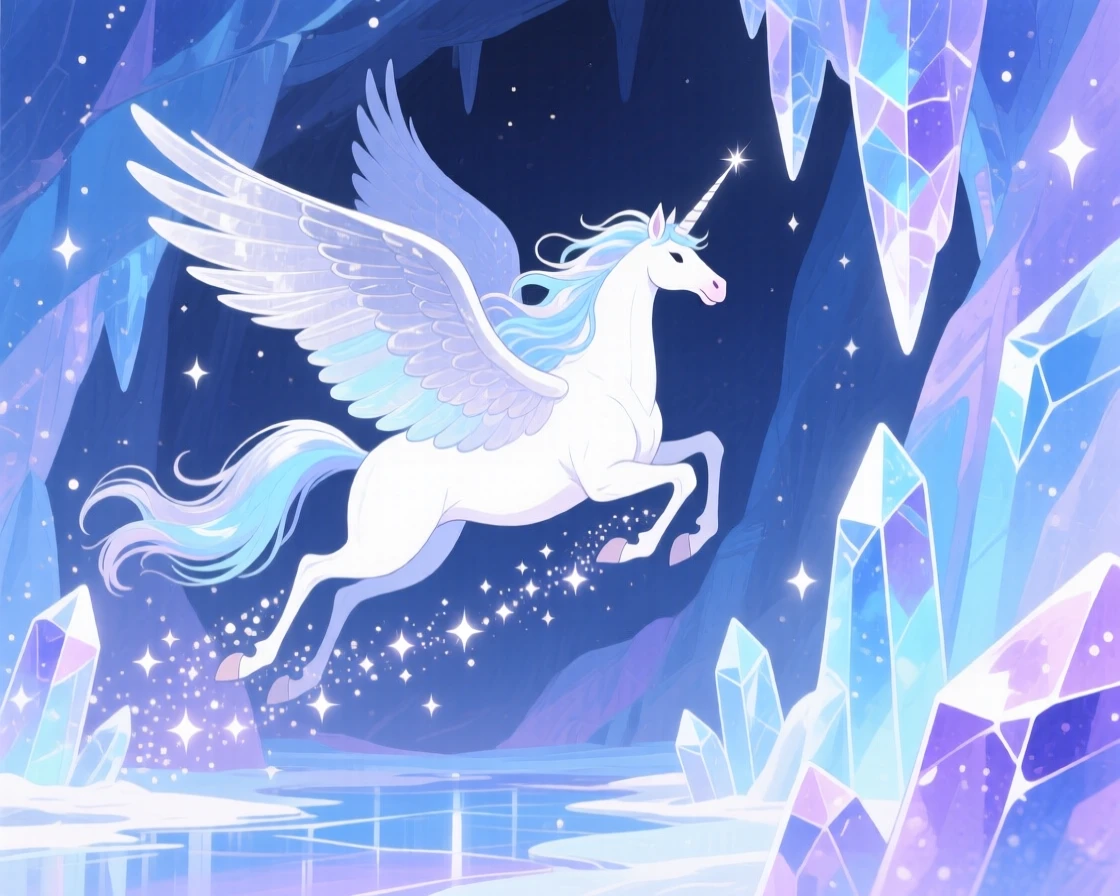 A majestic pegasus leaving a trail of sparkling stardust as it moves, in a sparkling ice cave, evoking awe and quiet enchantment.