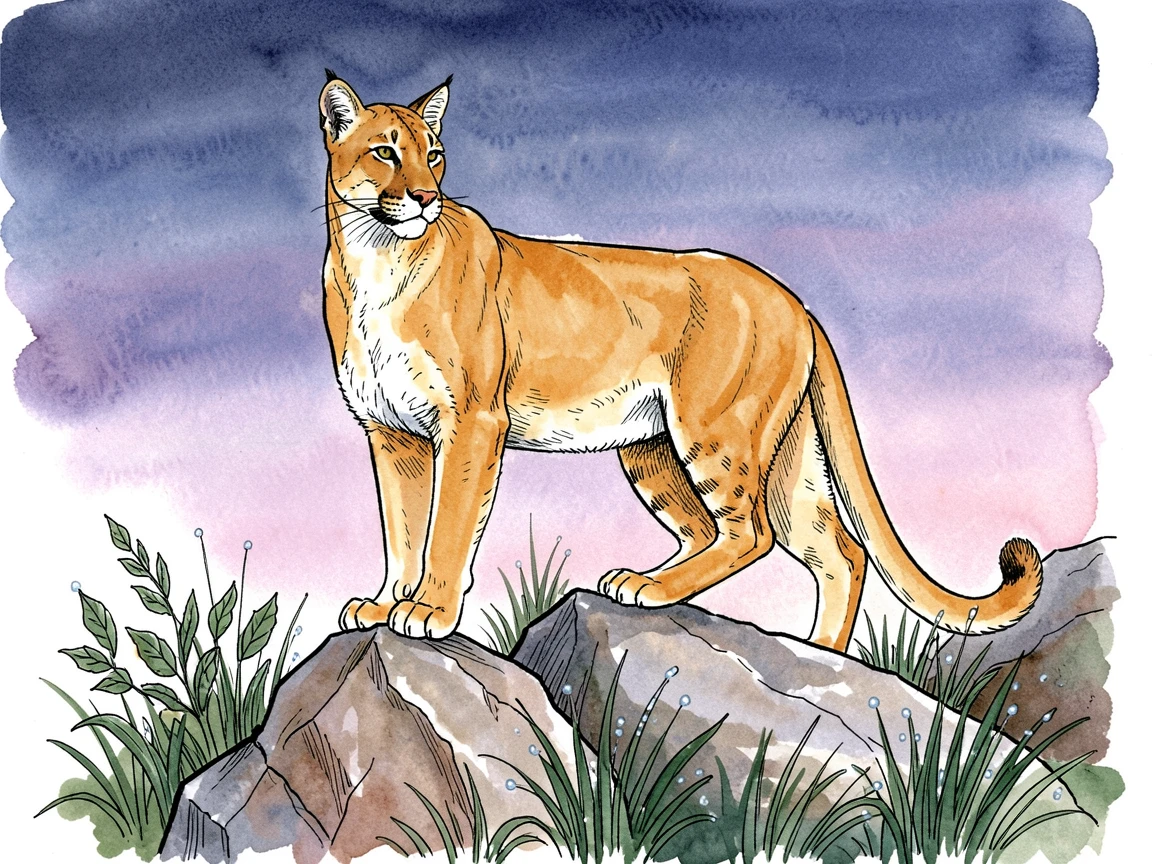 A mountain lion perched watchfully on a rocky outcrop at dusk, morning dew still clinging to the grass and leaves nearby.