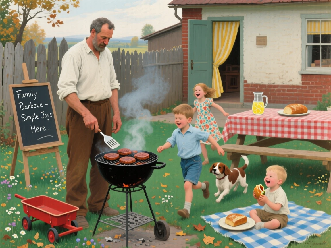 A father grilling burgers in the backyard while kids play nearby, captured in a candid, unposed moment of togetherness, celebrating the simple, universal joys of family life