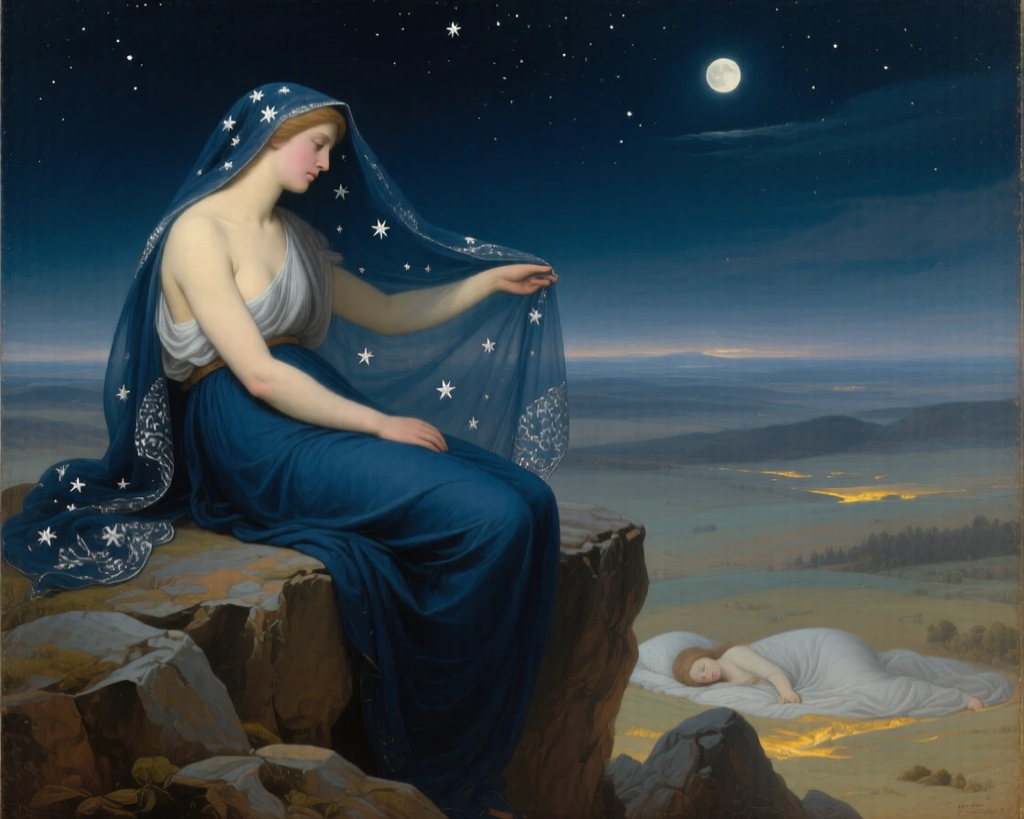 The allegory of Night drawing her starry veil across a sleeping world in a moment charged with timeless symbolic meaning, set atop a rocky promontory overlooking a vast unknown, with contrasting elements of darkness and radiance framing the scene; a triangular arrangement lends the scene classical stability and gravity, radiating timeless wisdom and moral clarity.