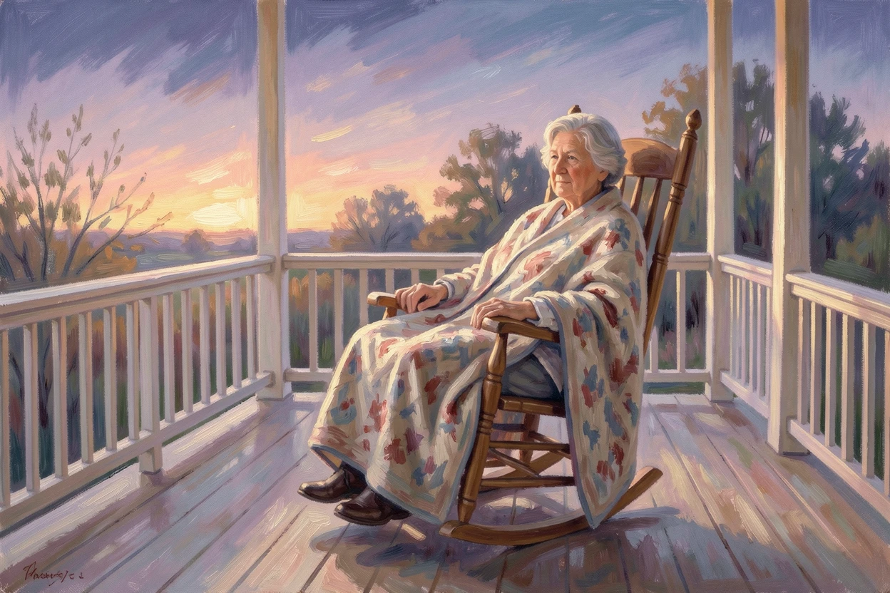 A grandmother in a rocking chair on a wraparound porch, a quilt draped over her lap as evening falls.