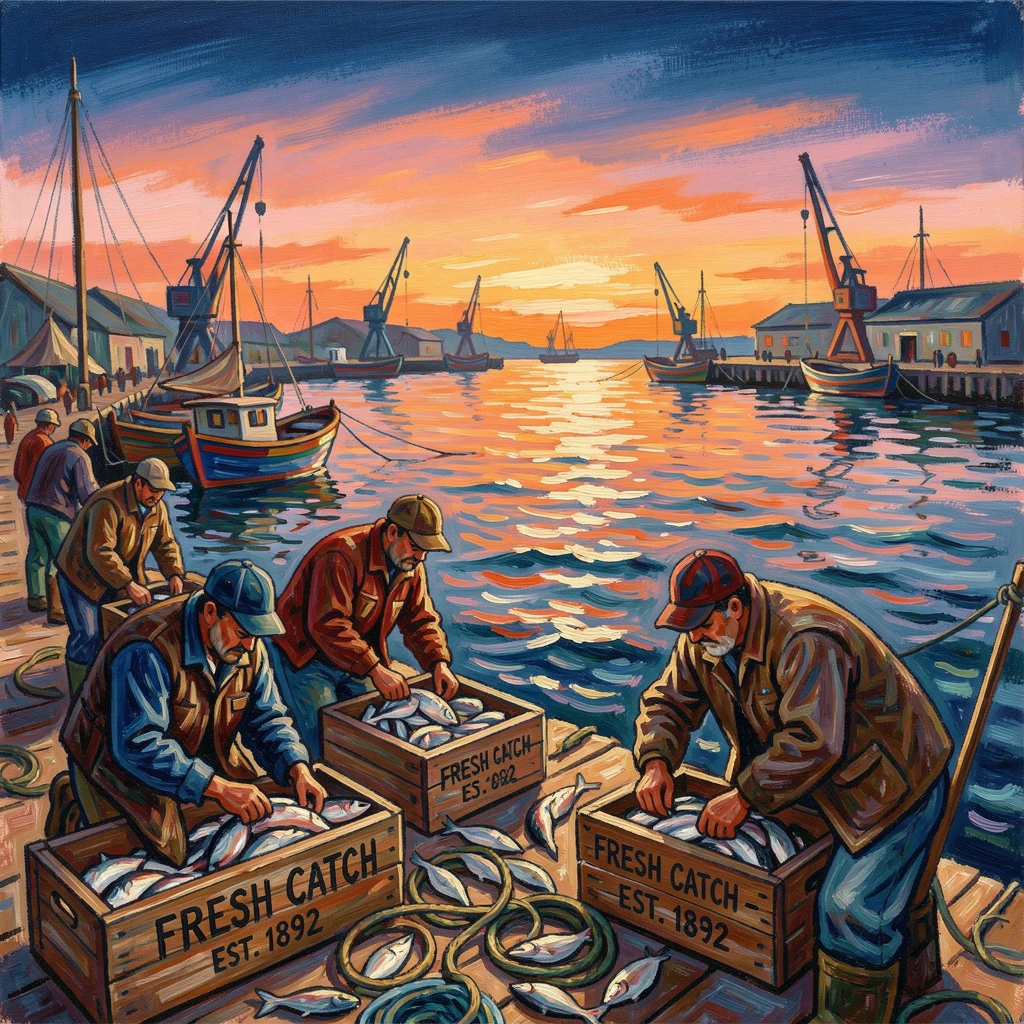 A busy harbor at dawn as fishermen sort the night's catch into wooden crates.