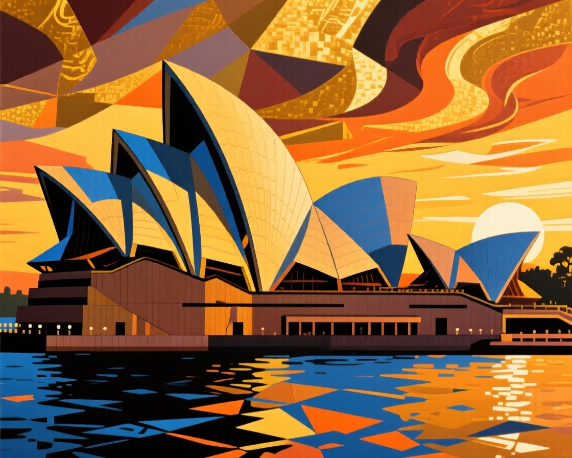 A breathtaking view of the Sydney Opera House, glowing under a golden sunset.