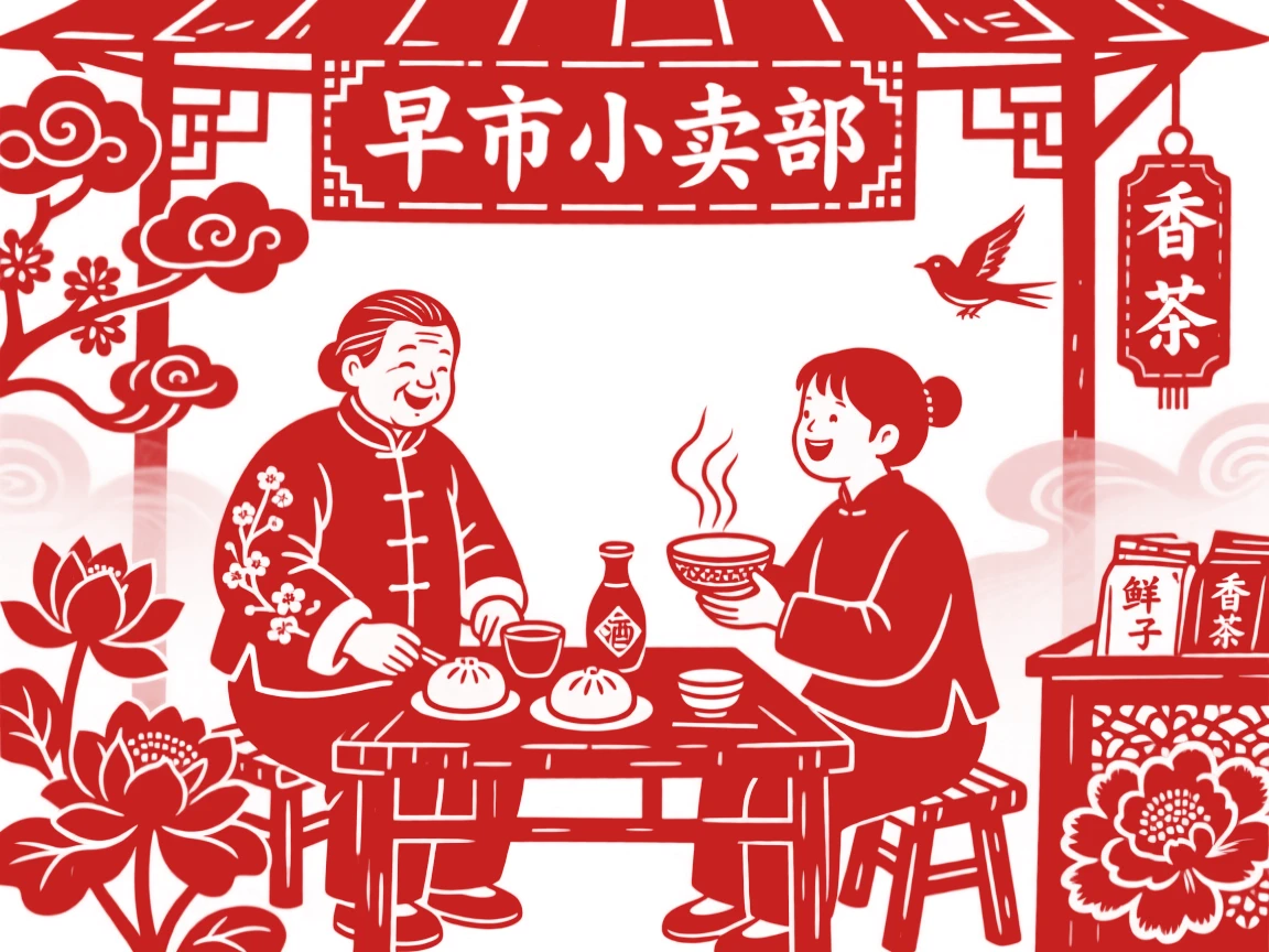 A market seller, sharing a quiet laugh over breakfast, in radiating warmth and everyday tenderness.