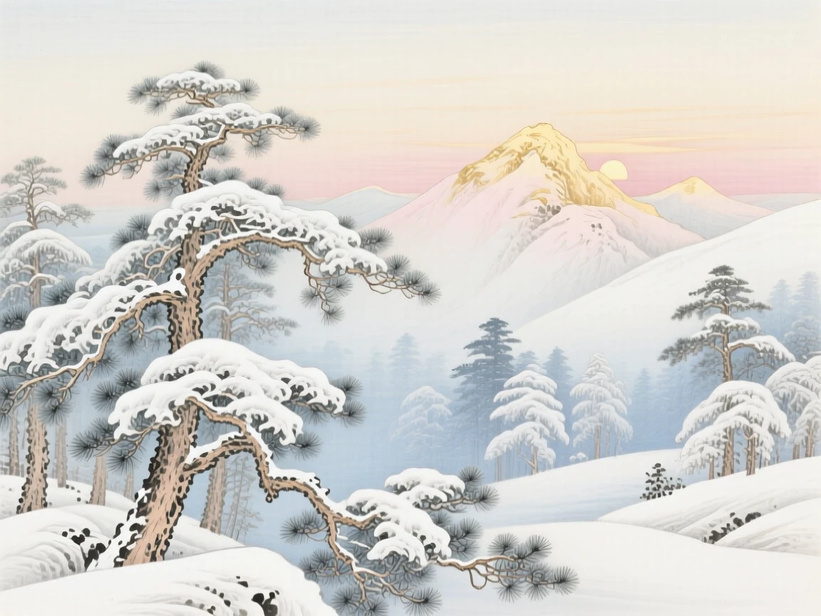 A snow-covered pine forest under a pale winter sky, with the first light of sunrise touching the highest peak