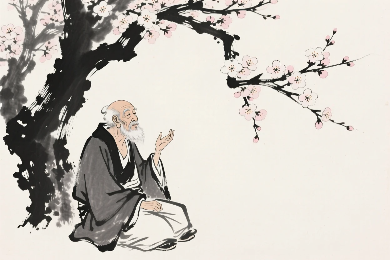 An old scholar reading quietly beneath a blossoming tree, captured mid-gesture in a candid, natural moment, evoking warmth, simplicity, and quiet dignity.