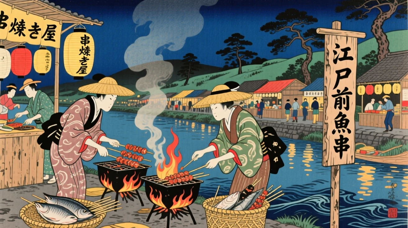 Fishermen grilling skewers at a bustling night market.