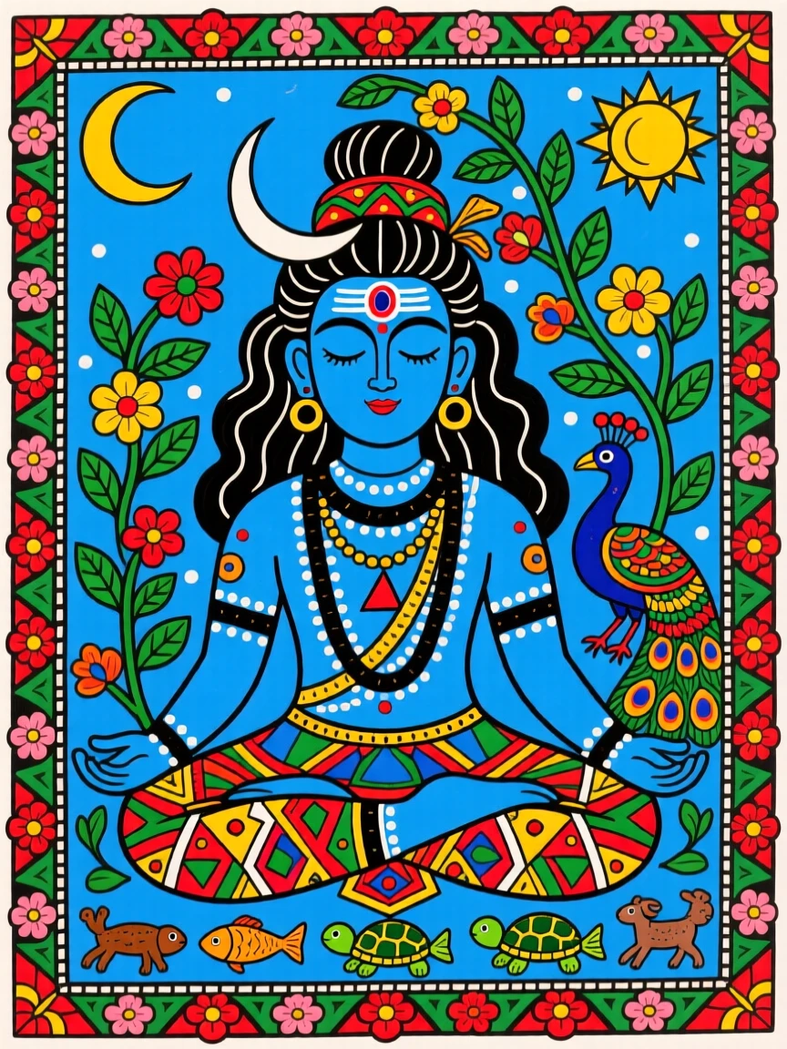 Shiva with the crescent moon resting in his hair, eyes closed in peace.