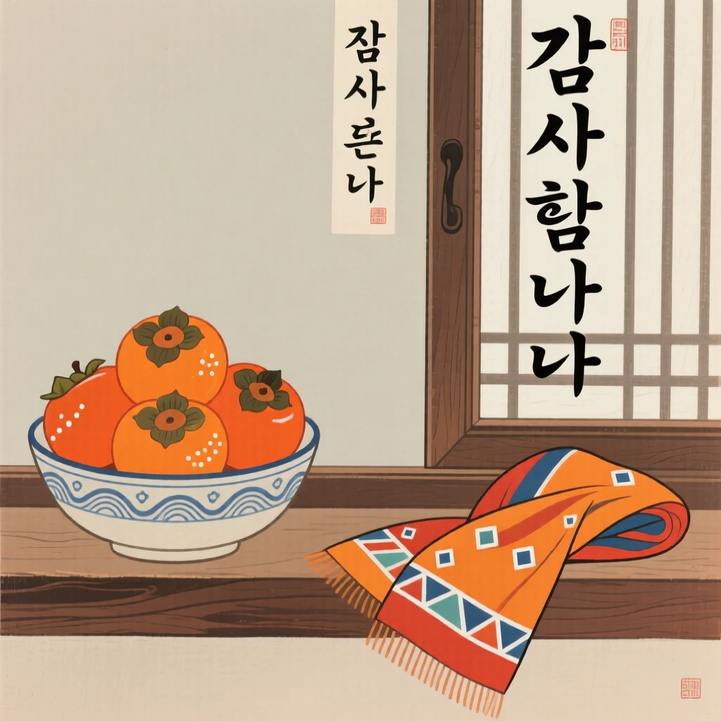 A bowl of ripe persimmons beside a folded silk scarf on a windowsill.