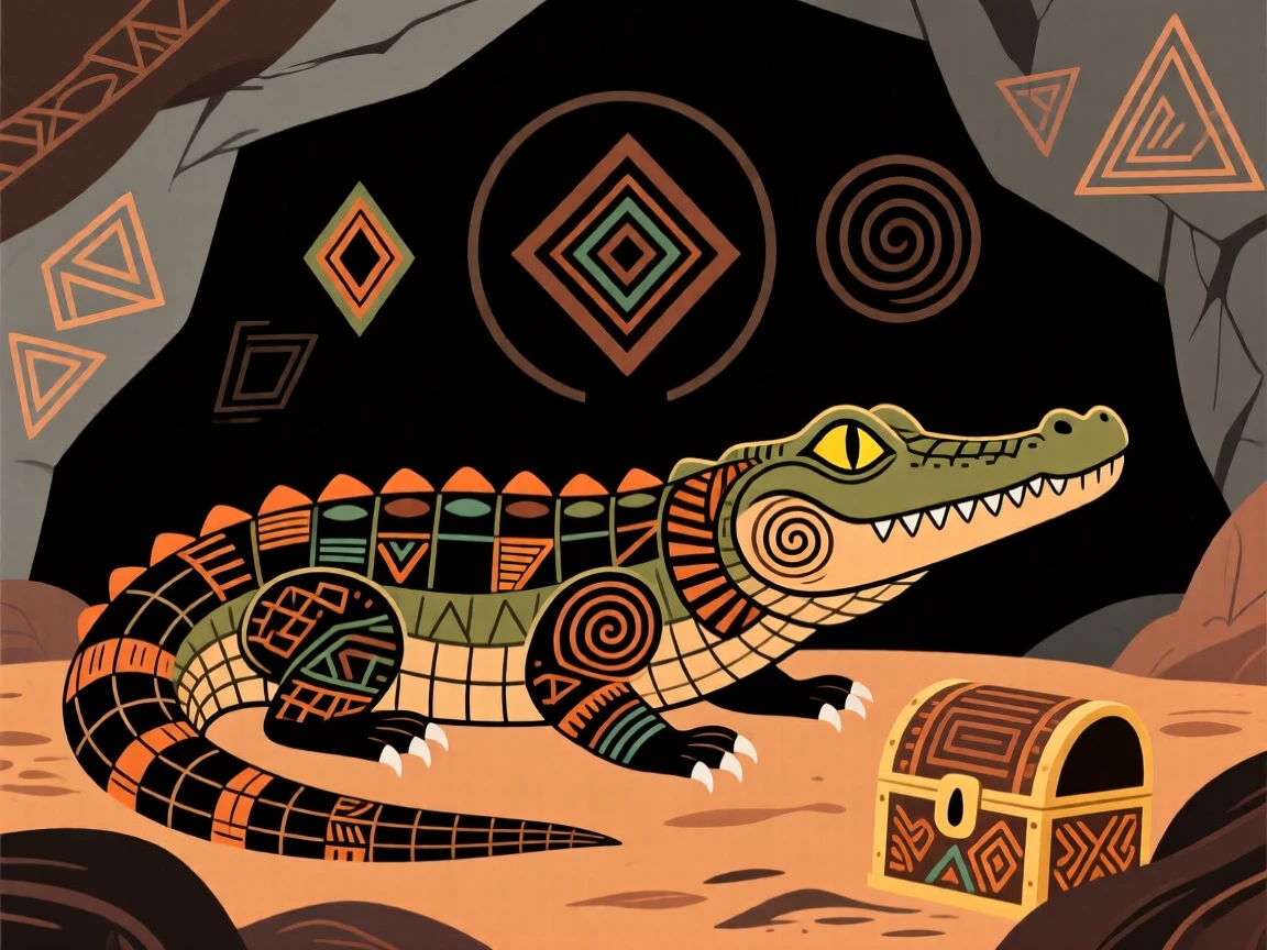 A sacred crocodile spirit guarding a treasure hidden deep within a cave.