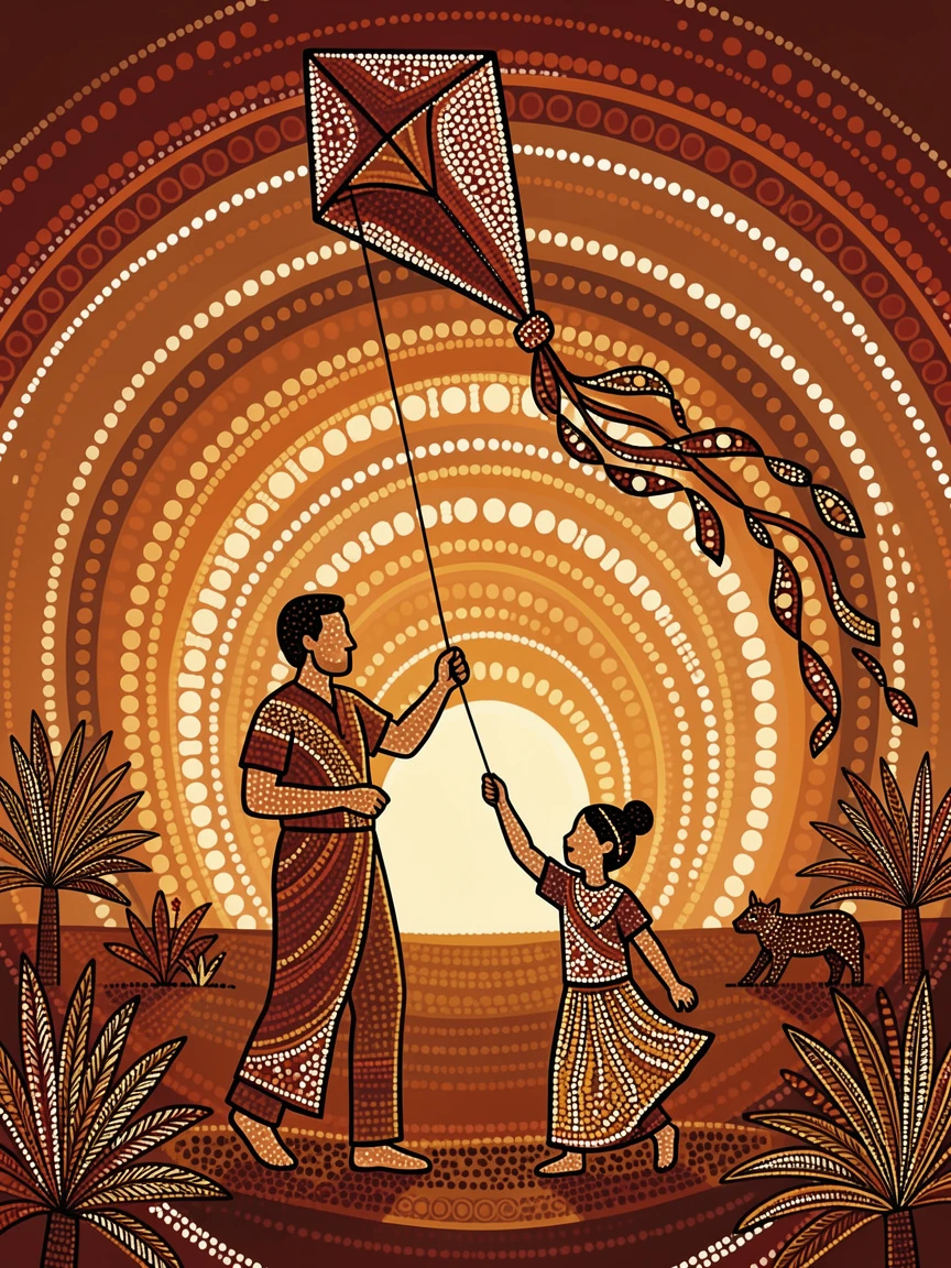 A father and daughter flying a kite together at sunset