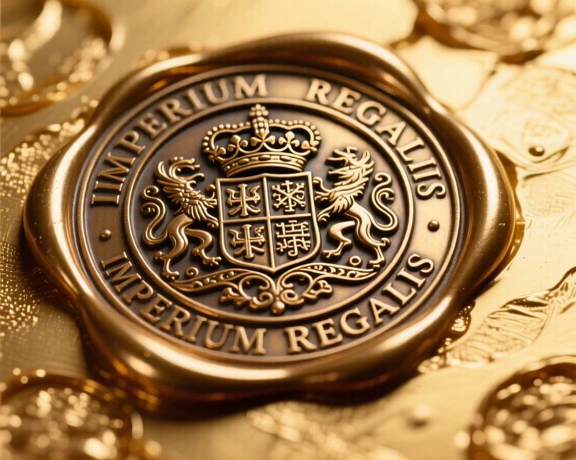 An ornamental royal seal pressed into golden wax, with intricate craftsmanship on full display, radiating elegance and refinement