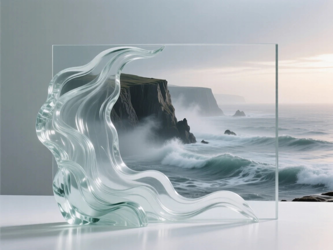 A coastal cliff overlooking a stormy sea at the quiet hush of early morning, gentle mist rising, composition inviting stillness and reflection.