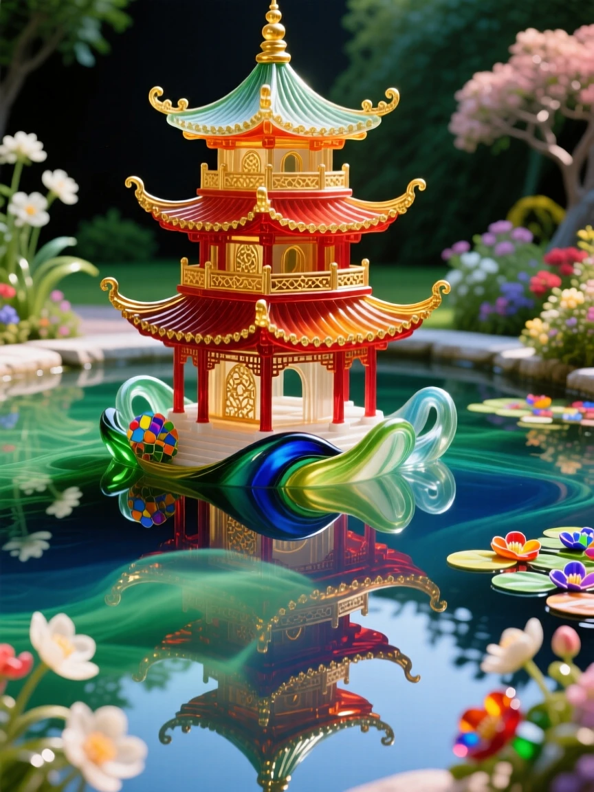 A traditional pagoda reflected perfectly in a still garden pond, serene and harmonious.