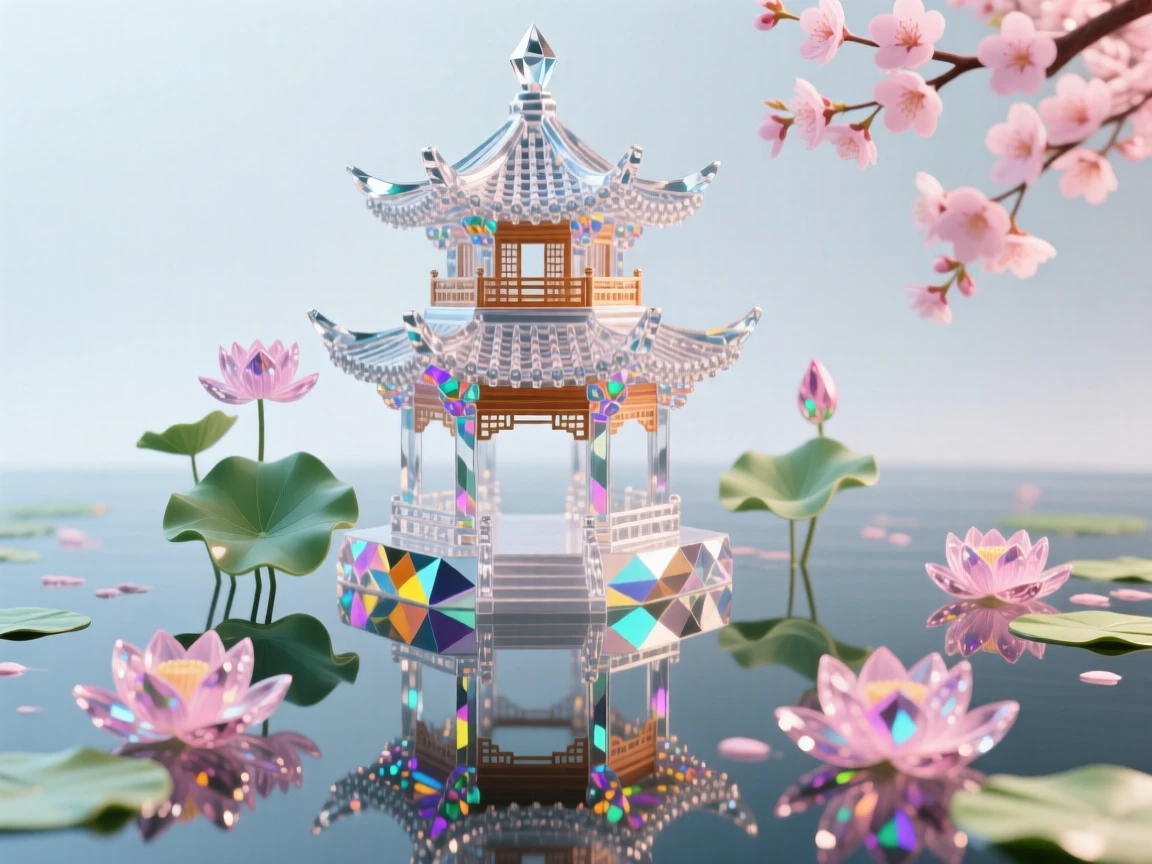 A traditional Chinese pagoda reflected in a still lotus pond during cherry blossom season.