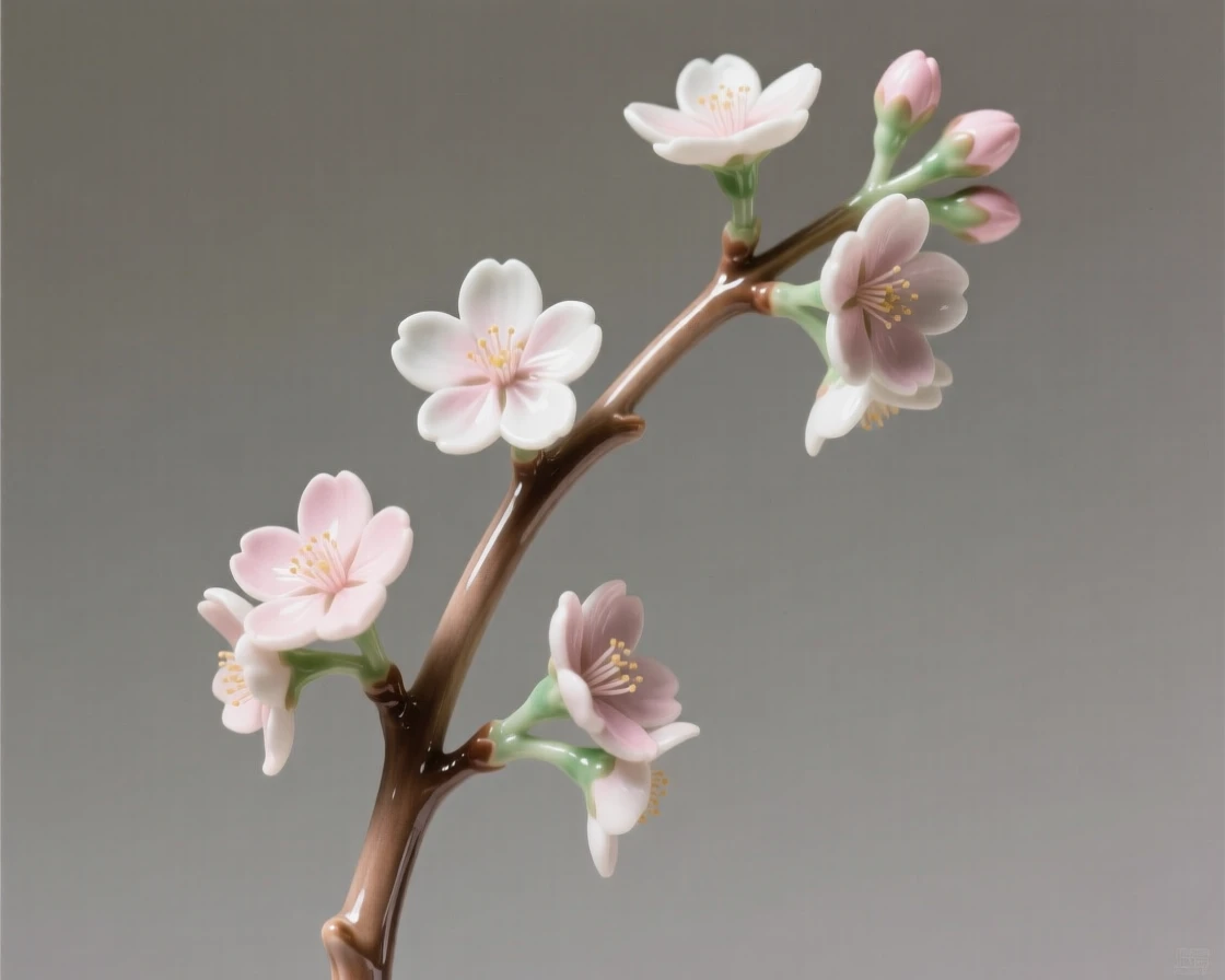 A cluster of cherry blossoms on a slender branch reaching upward in quiet aspiration, its stem gently arching under its own weight, capturing a fleeting, delicate moment in bloom.