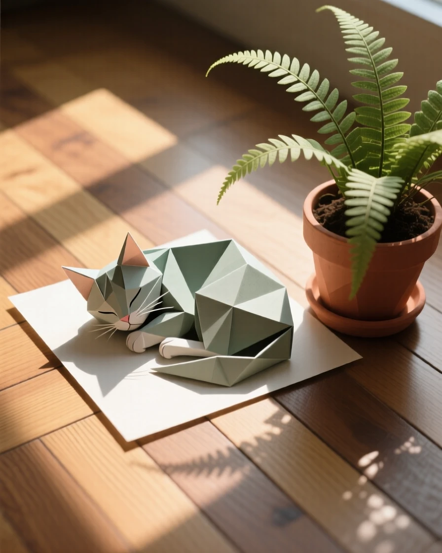 A cat curled up asleep in a sunbeam on a hardwood floor beside a potted fern.