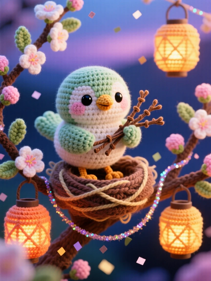 a cheerful spring bird building a nest, with twigs held in its beak, weaving a nest among blossoming branches, set in a lantern-lit harvest festival at dusk, with a trail of glittering confetti, full of quiet, comforting seasonal tradition.