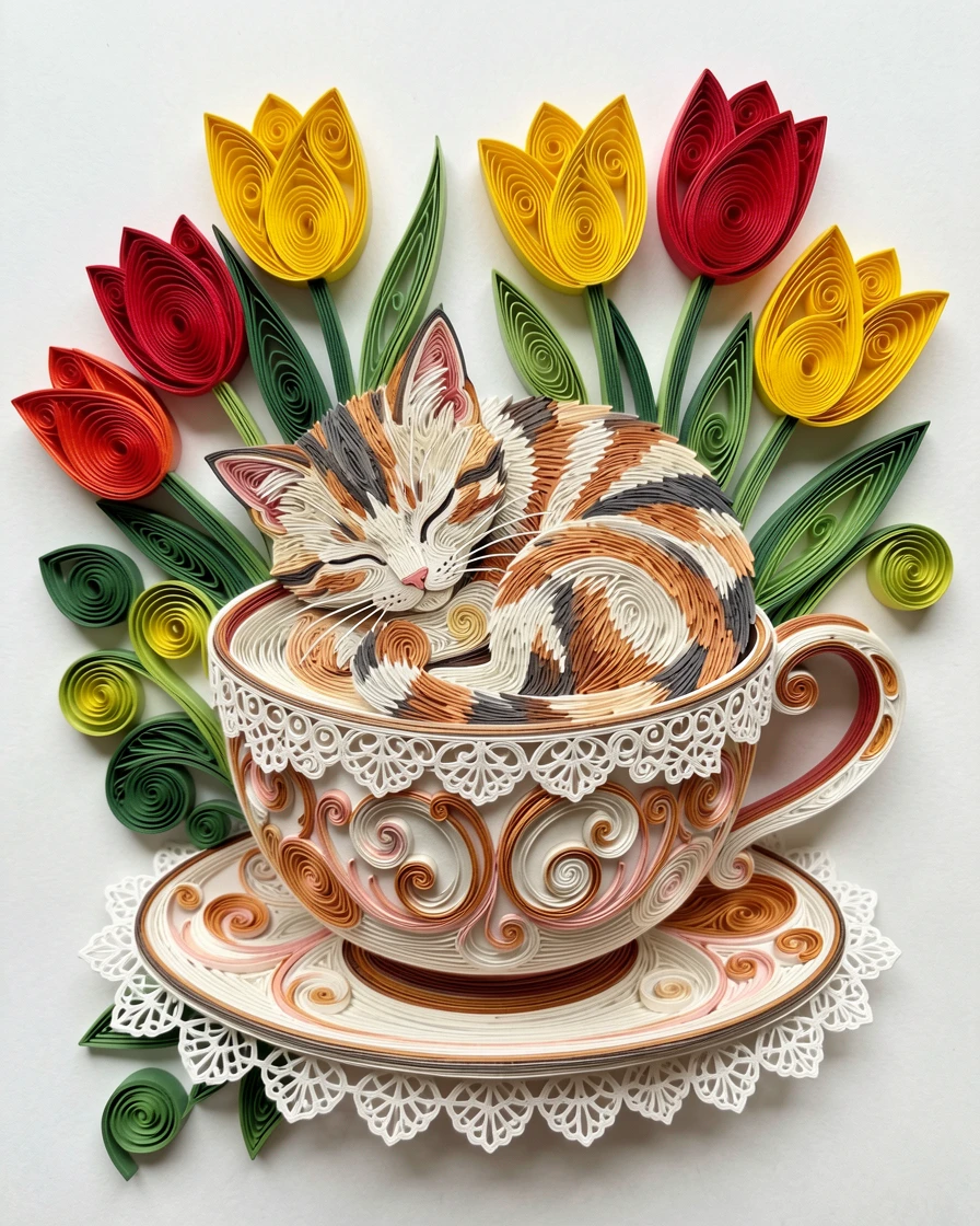 A heartwarming scene of a kitten curled asleep inside a teacup in a garden bursting with tulips and daffodils, with a shallow sense of depth drawing focus to the eyes, with delicate lace-like texture along the edges.