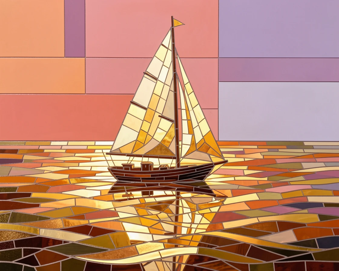 A lone sailboat gliding across a golden sunset ocean horizon.