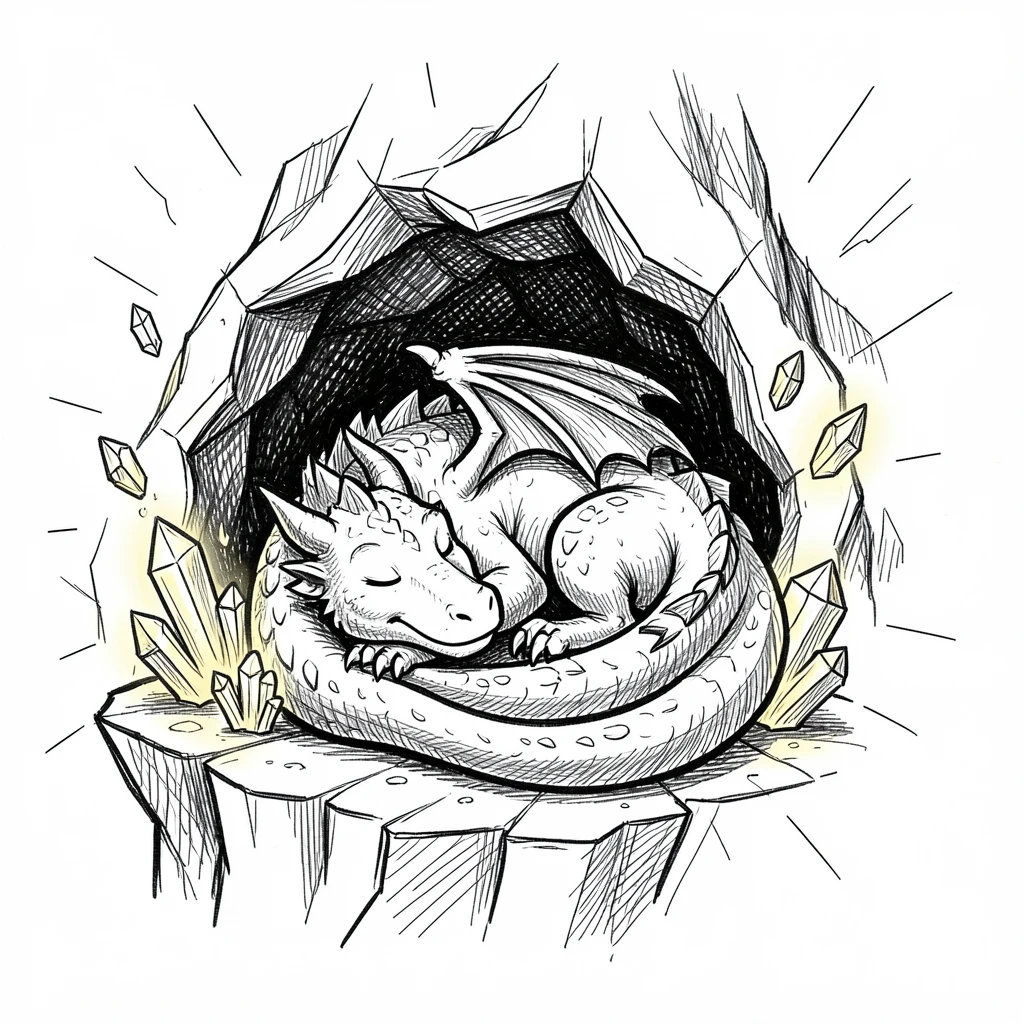 A dragon curled asleep in a cave lit by glowing crystals atop a cliff at sunrise.