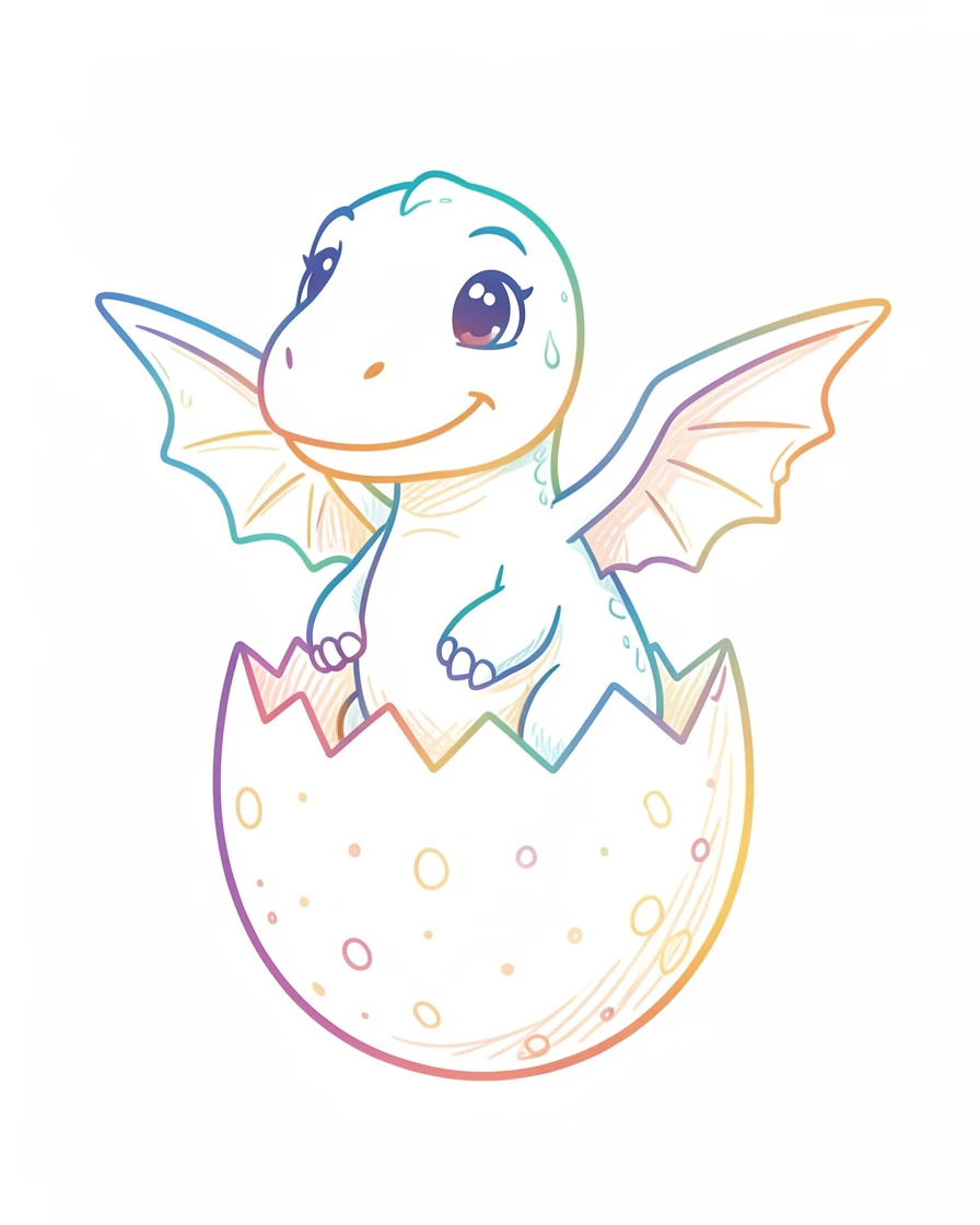 A baby dinosaur hatching from a speckled egg, tiny wings still damp.