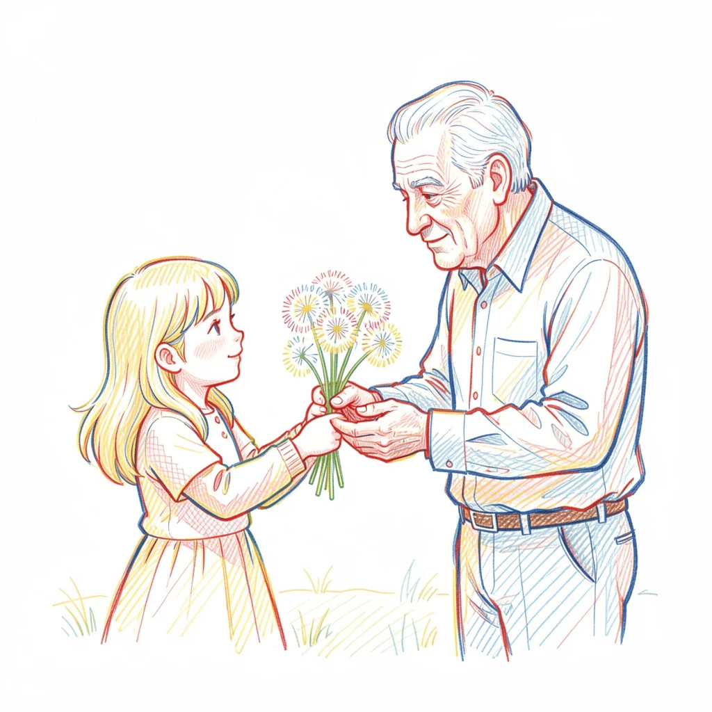 A little girl giving her grandfather a bouquet of dandelions