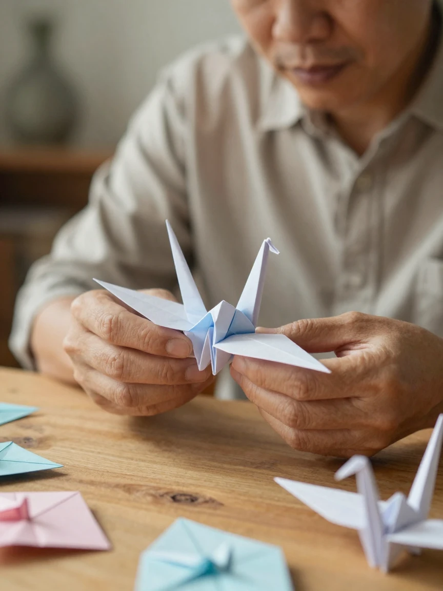 An origami artist folding an intricate paper crane