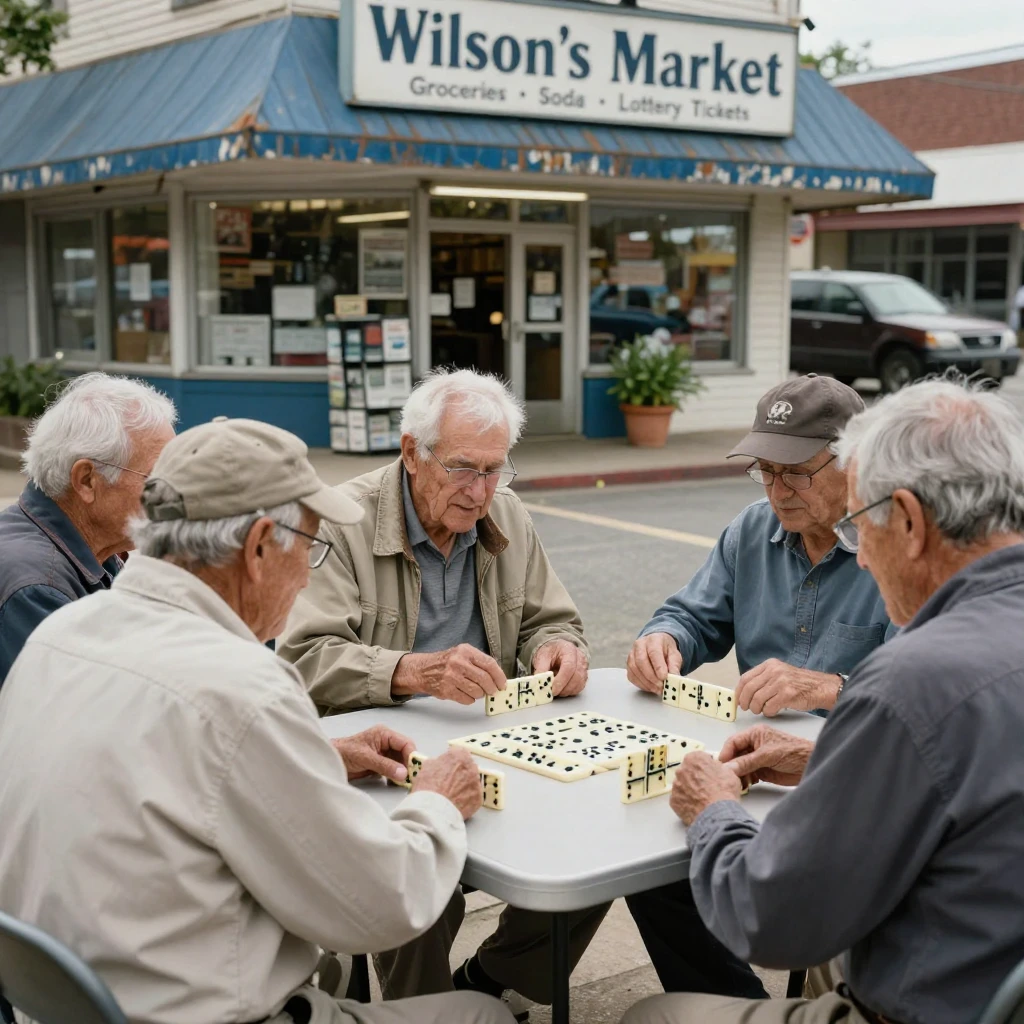 An elderly man plays dominoes with friends at a folding table outside a corner store.