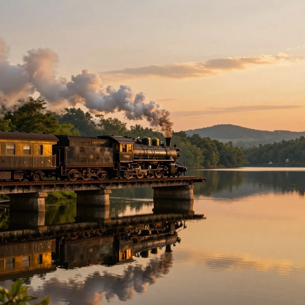A vintage steam train gliding across a calm lake in the golden light of late afternoon
