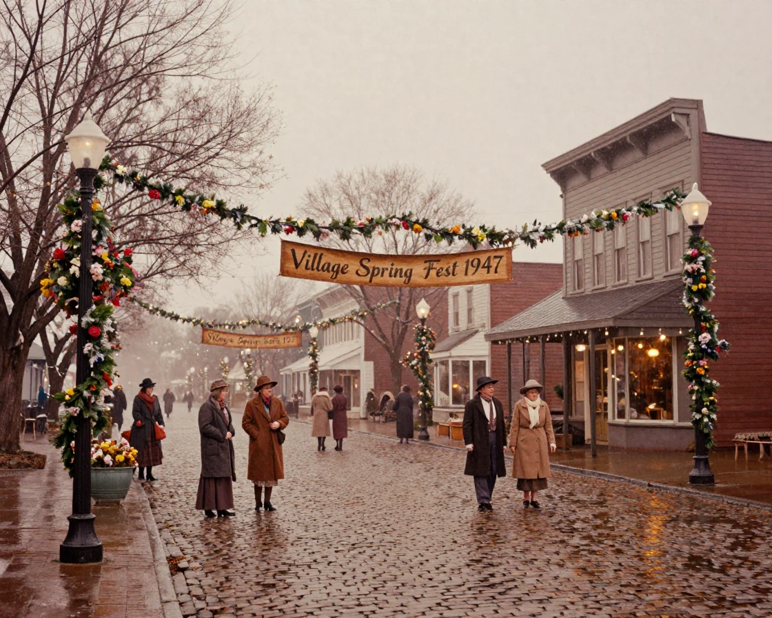 A village square decorated with garlands for a spring celebration, under a canopy of stars, under a light drizzle, in the depths of winter, dominated by warm amber and rust tones, from a wide establishing view.