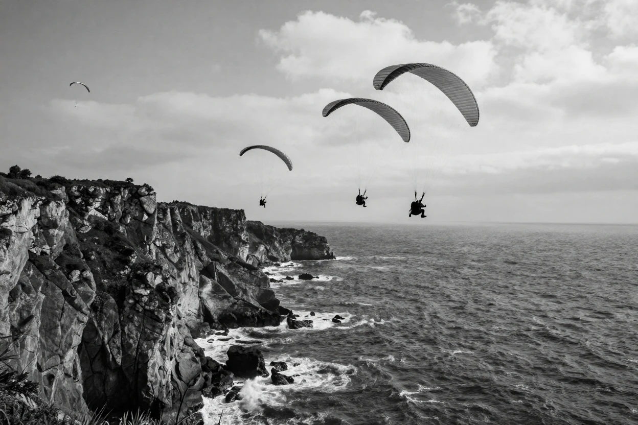 A group of paragliders soars above a coastal cliff above a rugged coastline.