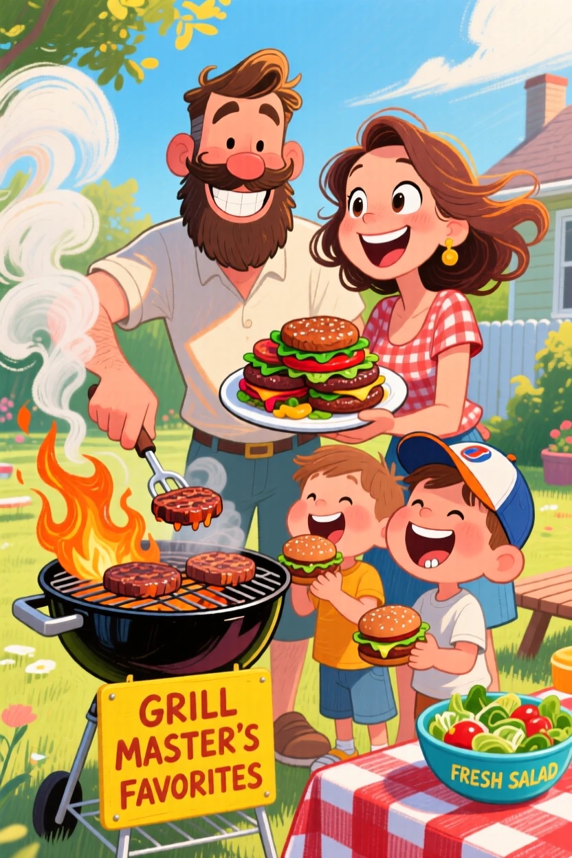 A family enjoying a summer barbecue, burgers sizzling on the grill.