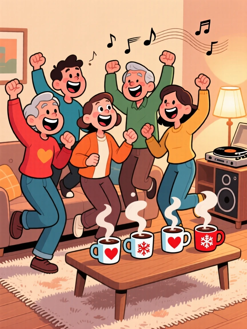 A heartwarming scene of a group of lifelong friends dancing together in the living room to their favorite song, with steam rising from mugs of hot cocoa.