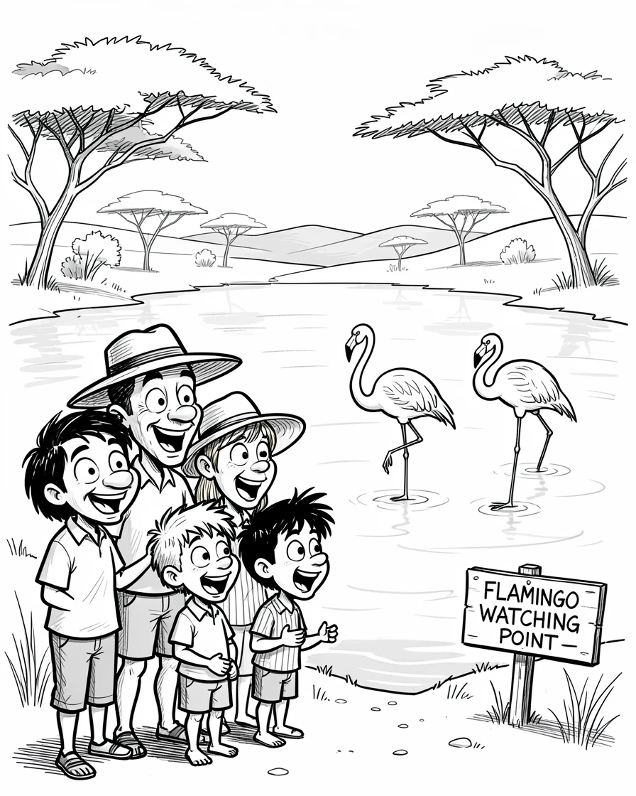 [Travel & Cultural Experiences] Vivid travel scene of a family watching flamingos wade in a African savanna lake, full of wonder and adventure