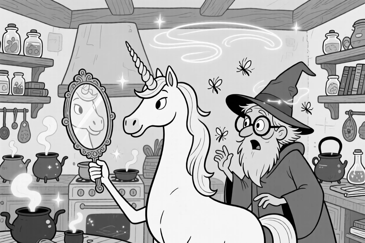 A unicorn admiring its own reflection with a smug grin, flying loops around its master's head in protest, set in a cluttered cottage full of bubbling cauldrons. Fireflies swirl in lazy spirals nearby. There's a cozy, storybook warmth to the whole image.