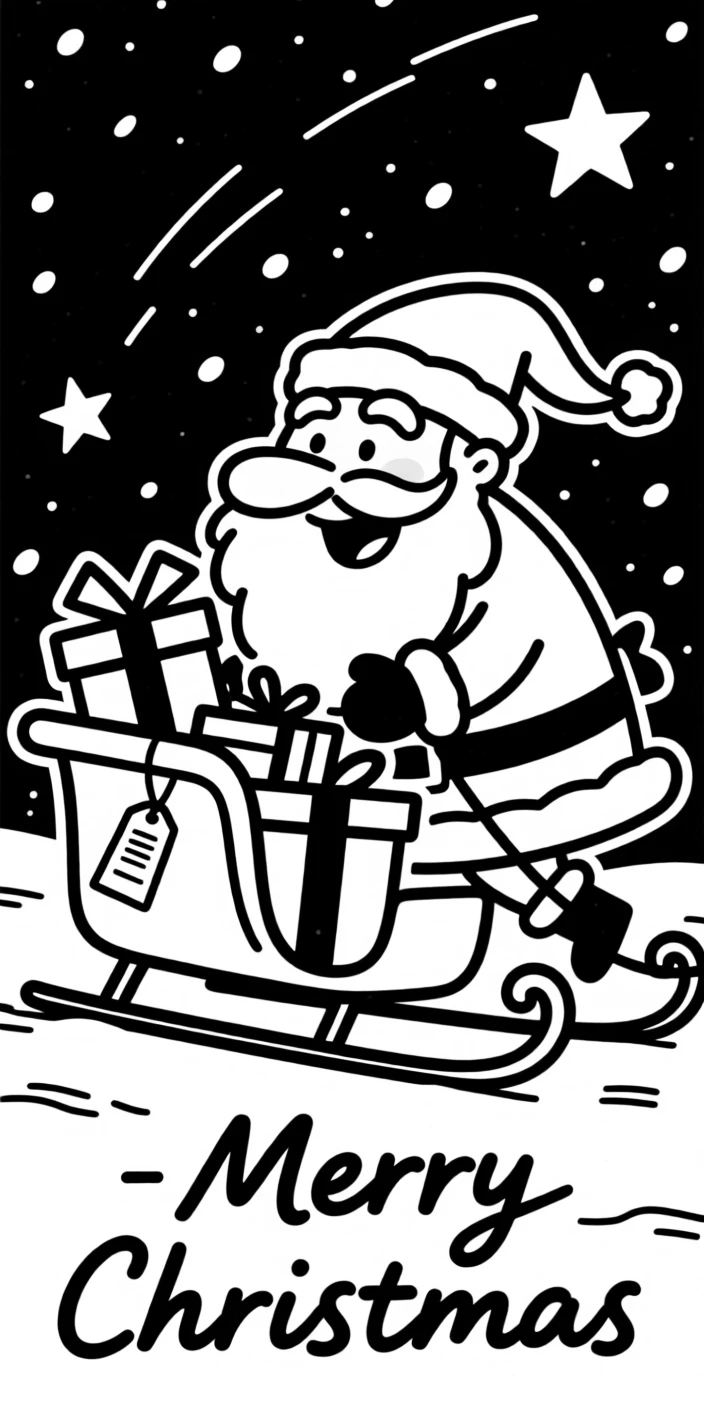 Santa Claus loading a sleigh with presents under a starry, snowy sky.