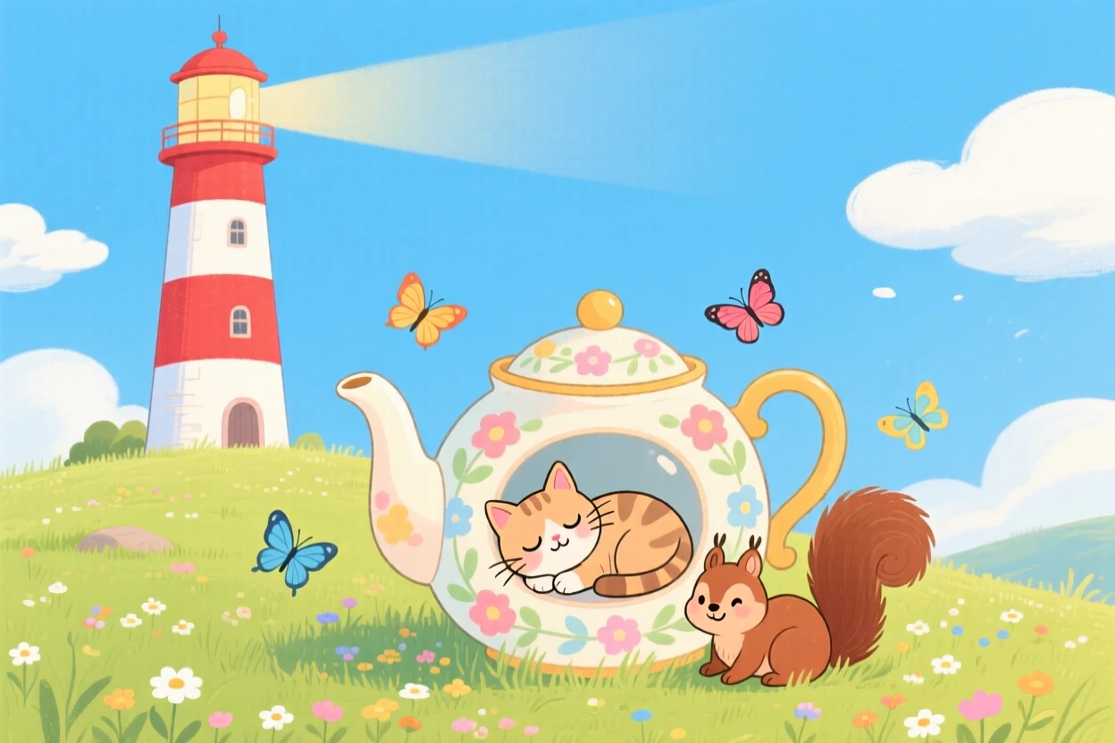 Near a striped lighthouse, a sleepy kitten is curling up inside a teapot alongside a small woodland friend, while butterflies flutter nearby.