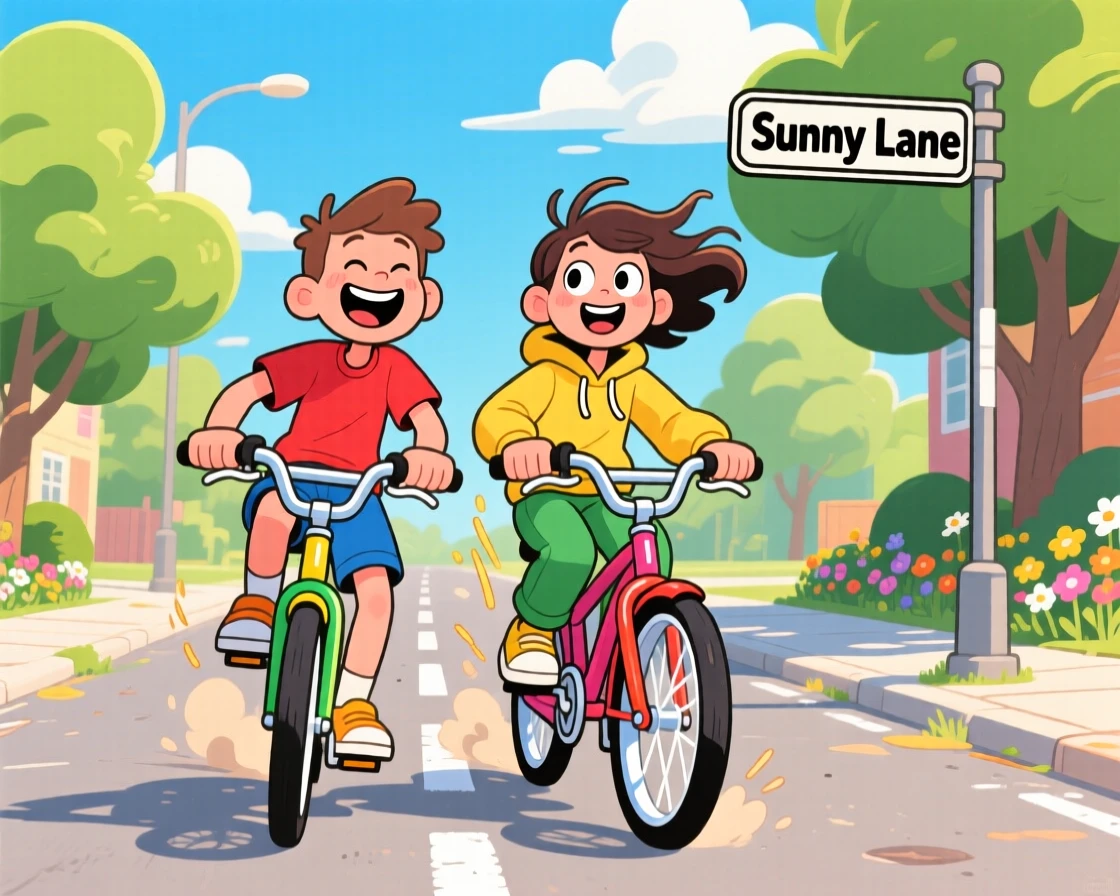 Two friends riding bikes side by side down a sunny street.
