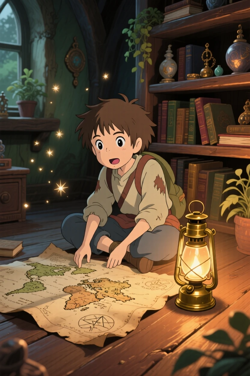 A young adventurer studying an old map by lantern light, the moment thrilling and full of wonder.