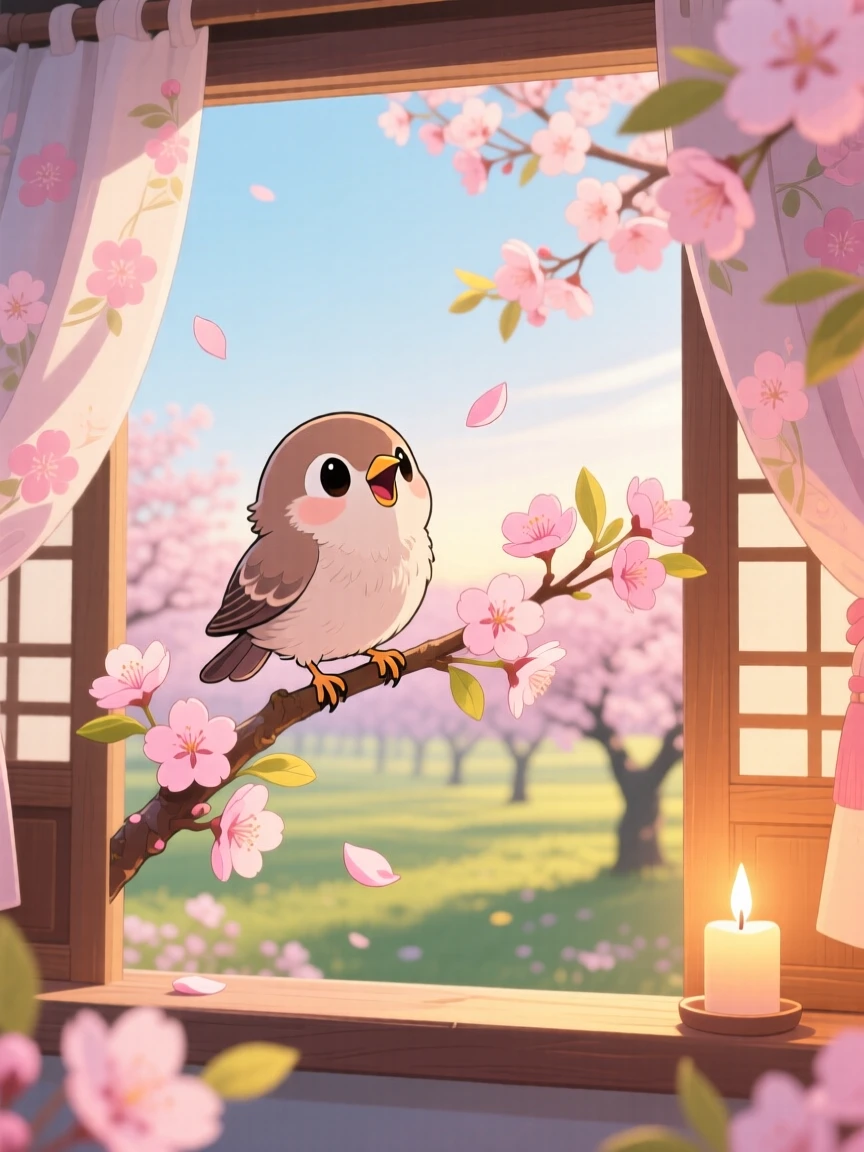 A bird perched on a blossoming branch singing at first light in a cherry blossom orchard during a light summer breeze; gentle candlelight washes over the scene as sleepy relaxation fills the moment. Framed through a window.