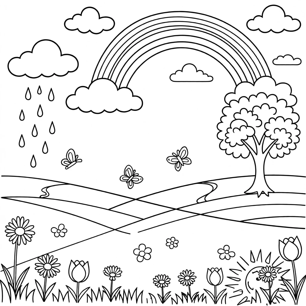 A spring meadow with a rainbow after an April shower