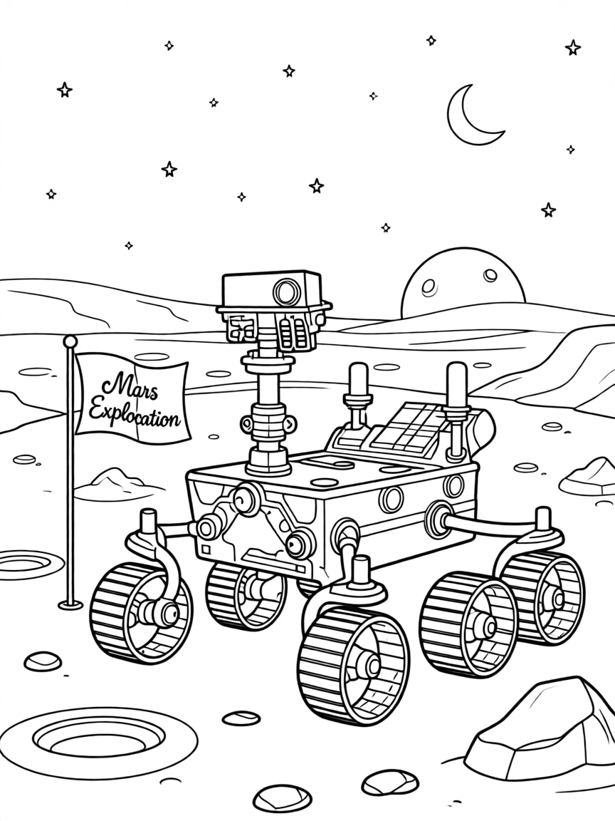 A rover exploring the red dust of a Martian plain, with the curve of a planet visible on the horizon.
