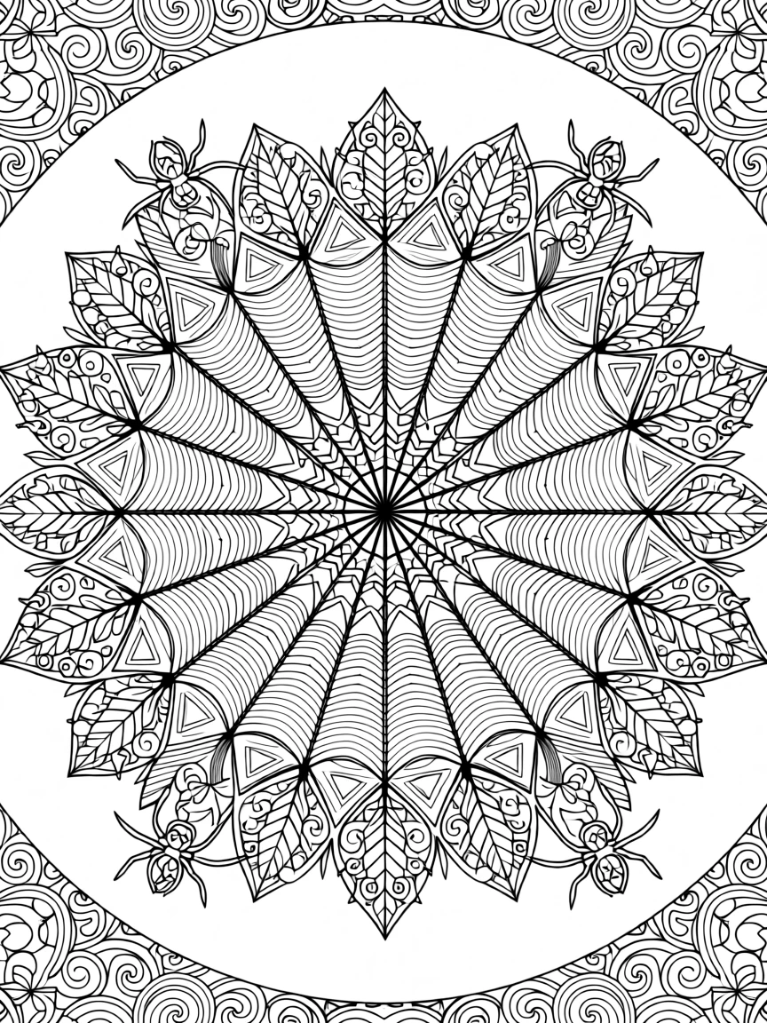A mandala shaped like a spider's web with intricate radial threading.