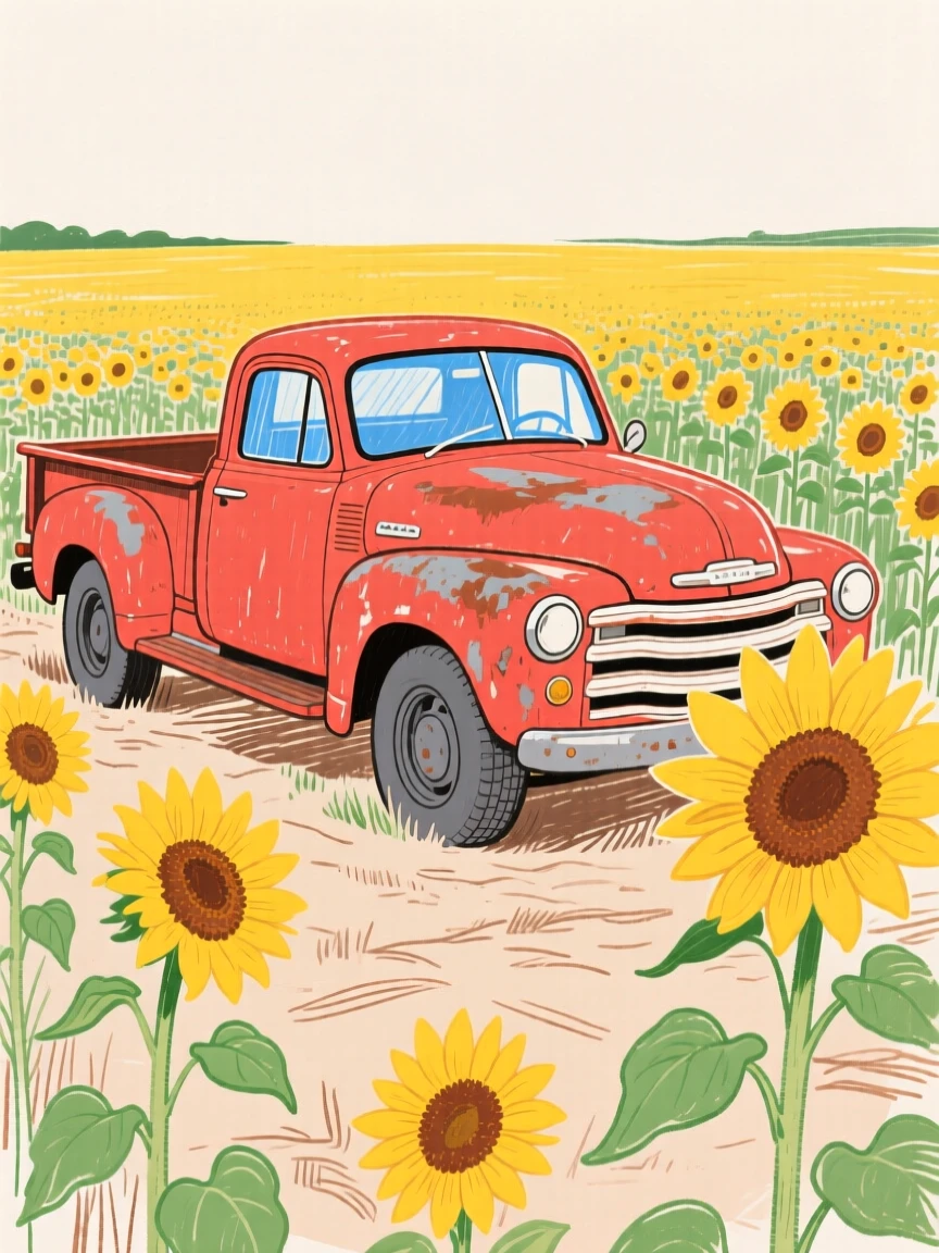 An old red pickup truck parked in a field of sunflowers.