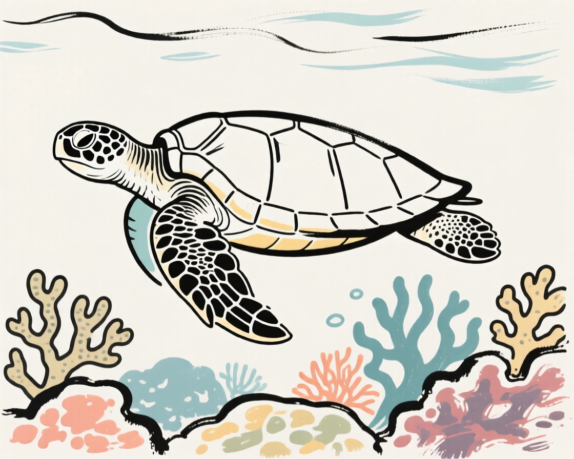 A sea turtle gliding peacefully over a coral reef.