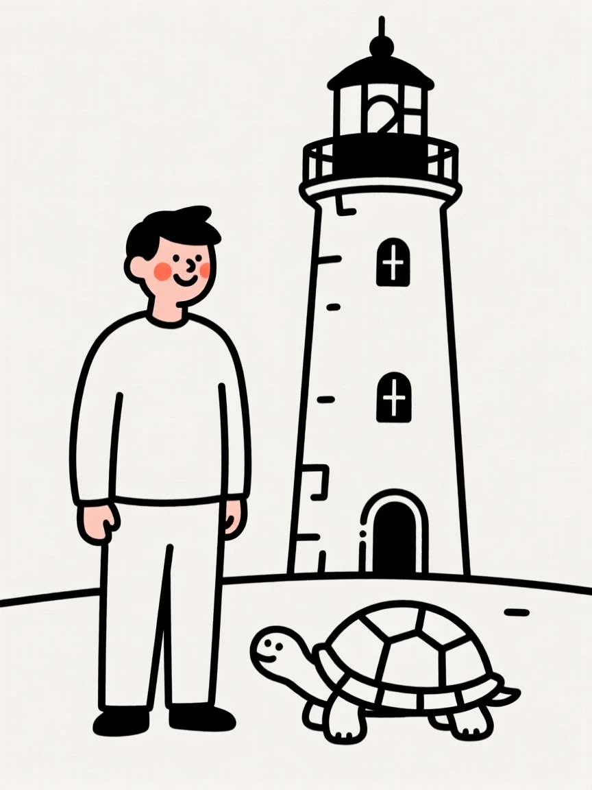A father with a pet tortoise, smiling shyly, beside an old lighthouse.