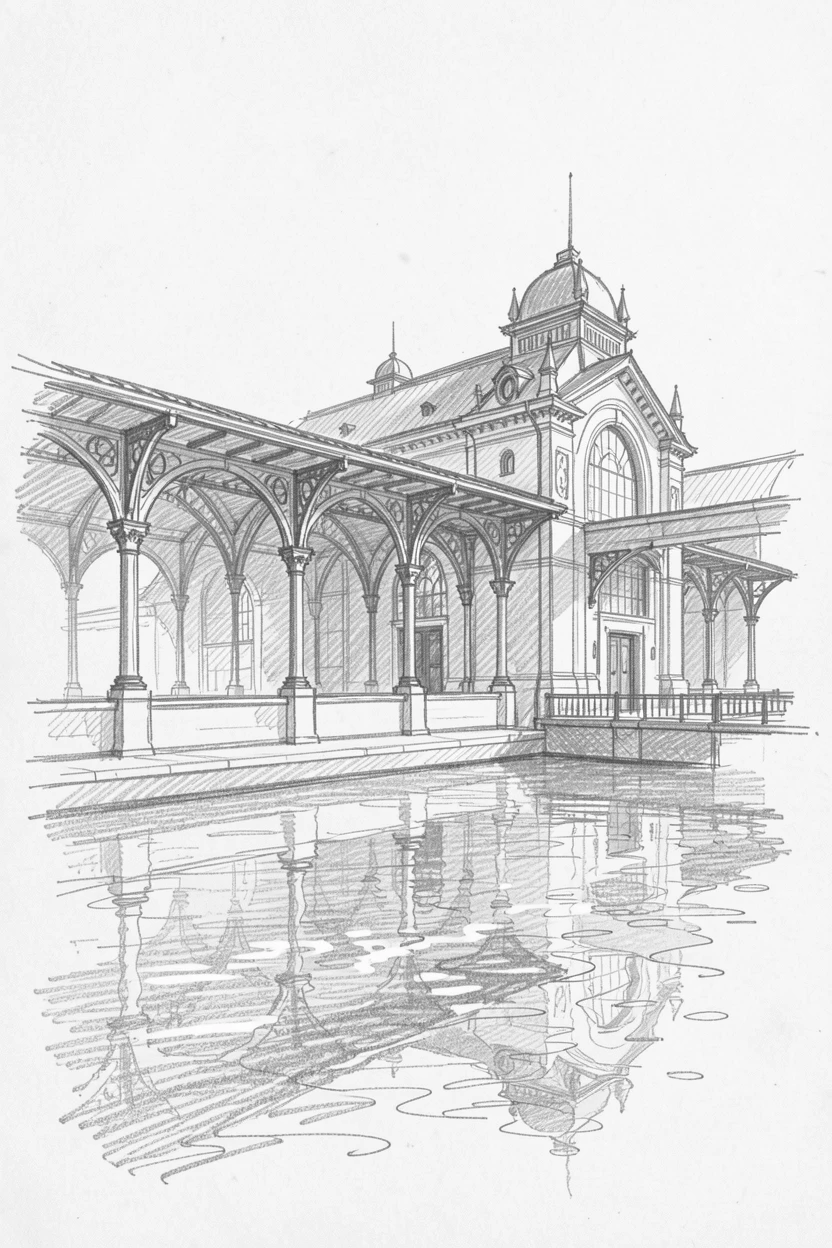 Sweeping architectural view of a grand Victorian train station, bathed in warm afternoon light, with reflections shimmering in a nearby canal.
