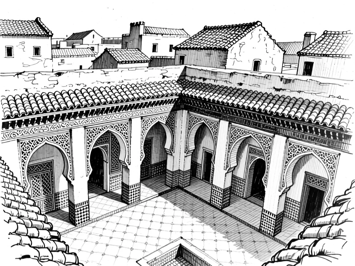 A moroccan courtyard with arched doorways framed by surrounding rooftops, featuring ornate carvings along the facade, rendered in a romantic and storied architectural composition.