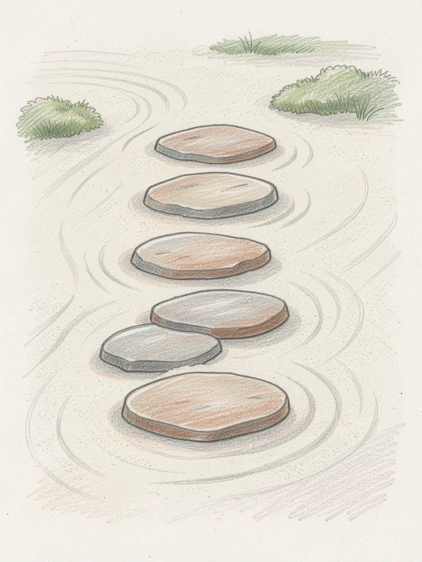A path of stepping stones leading through a quiet zen garden, arranged with simple, uncluttered composition, celebrating stillness, simplicity, and inner peace.